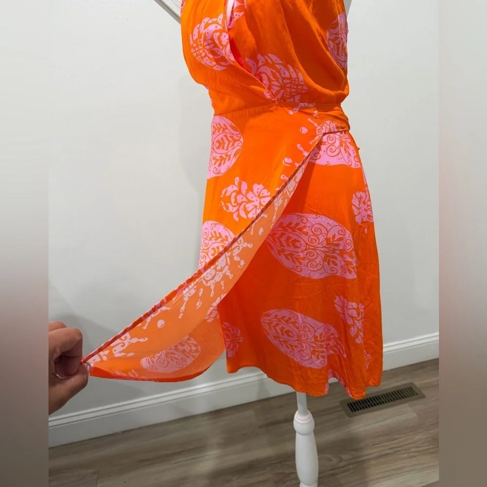 Aakaa Orange Pink Halter Wrap Dress Size L Printed Tropical Summer Boho Mini
